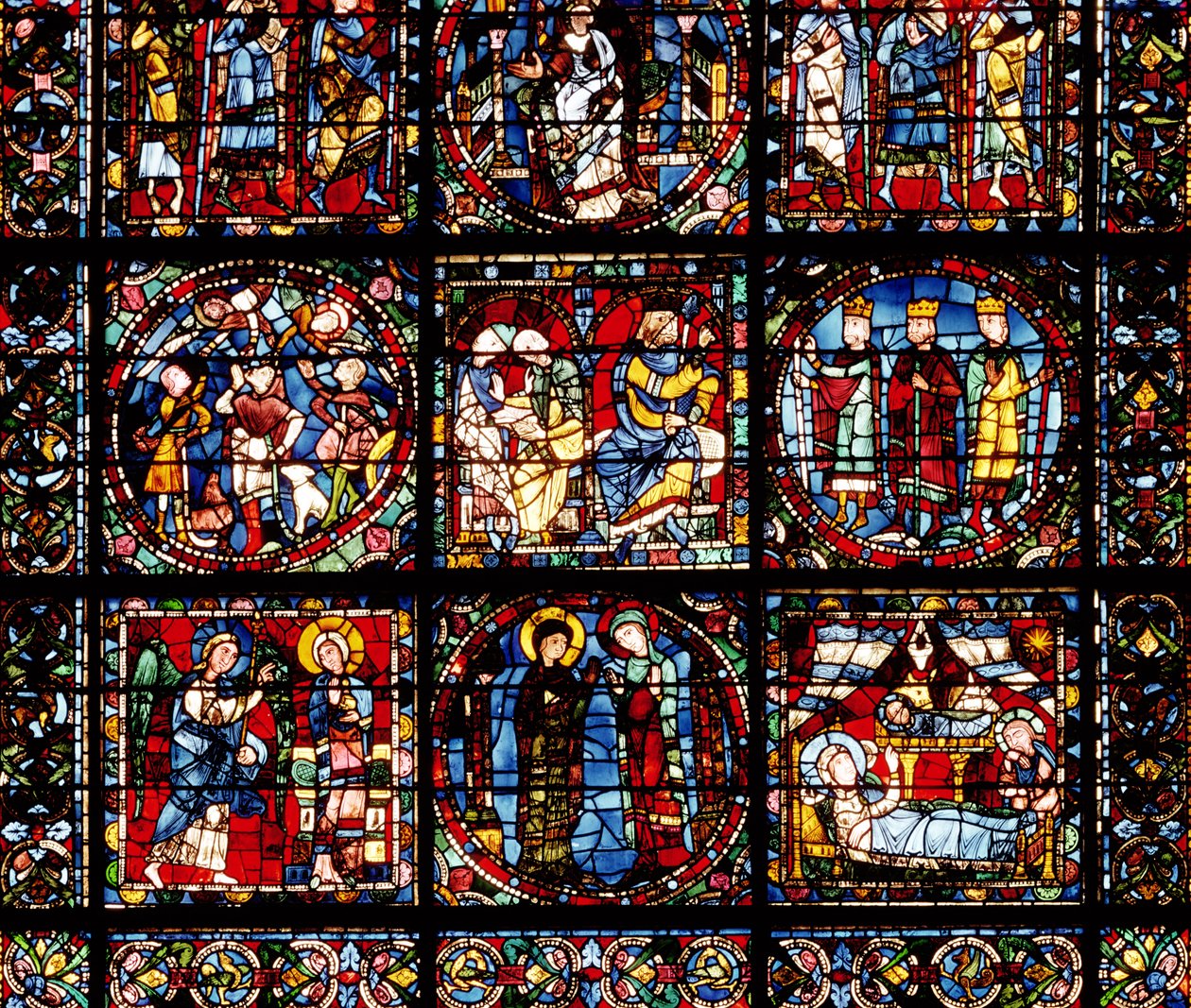A Janela da Encarnação, detalhe da parte inferior representando a Anunciação, a Visitação, a Natividade, a Anunciação aos Pastores e os Reis Magos antes de Herodes de French School
