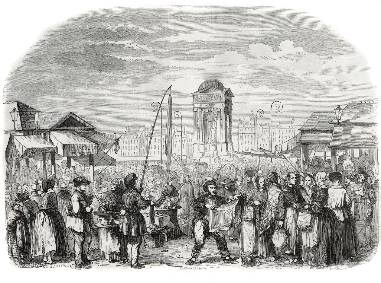 Os Inocentes marcham em Paris com a fonte - Gravura em "Tableau-de-Paris" de Edmond Texier 1852 de French School