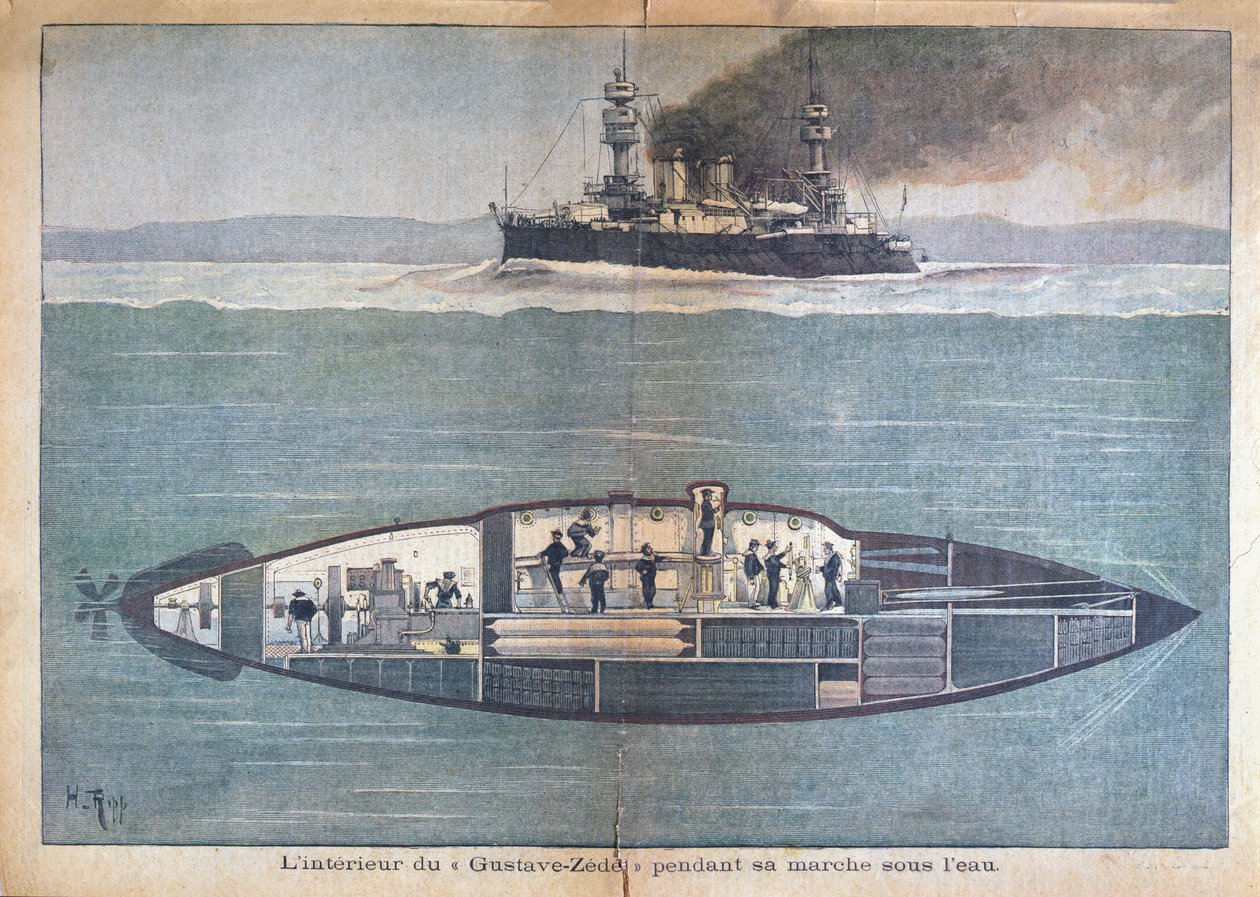 O interior do Gustave-Zedei enquanto debaixo d&39;água, 1899 (gravura de cor) de French School