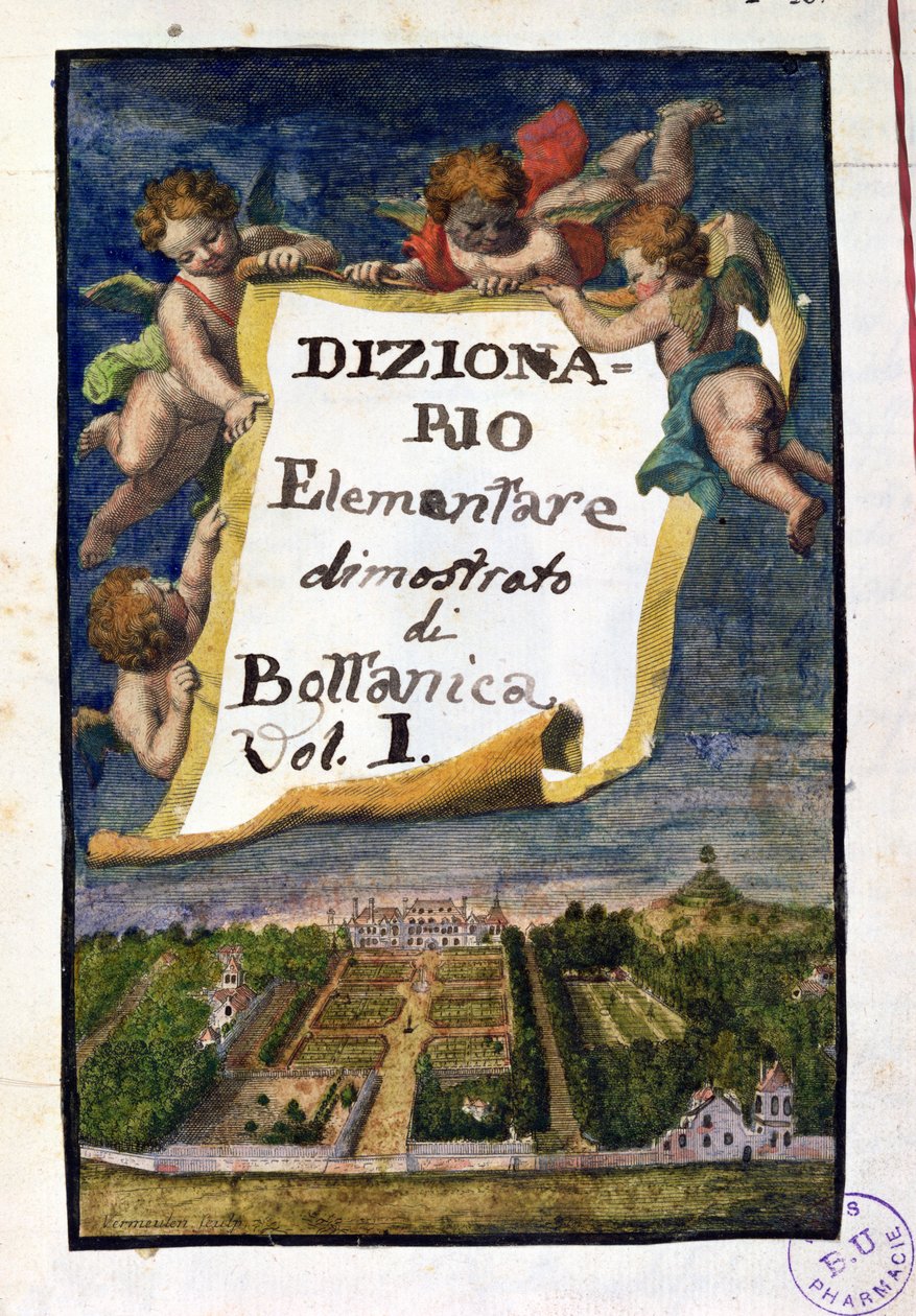 O Jardin des Plantes em Paris, frontispício do Dictionary Elementary demonstrado por Bottanica, volume I Instituições King Herbariae, de Joseph Pitton de Tournefort (1656-1708), publicado em Paris, 1 de French School
