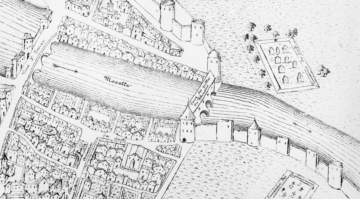 O bairro judeu em Metz durante o século XVI, ilustração da História dos judeus no nordeste da França por Emile Auguste Begin, 1838 de French School