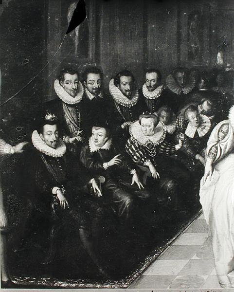 O Baile Joyeuse, dado no Louvre por ocasião do casamento de Anne Duke de Joyeuse (1561-87) com Marguerite de Vaudemont em 24 de setembro de 1581, c.1582 (detalhe) de French School