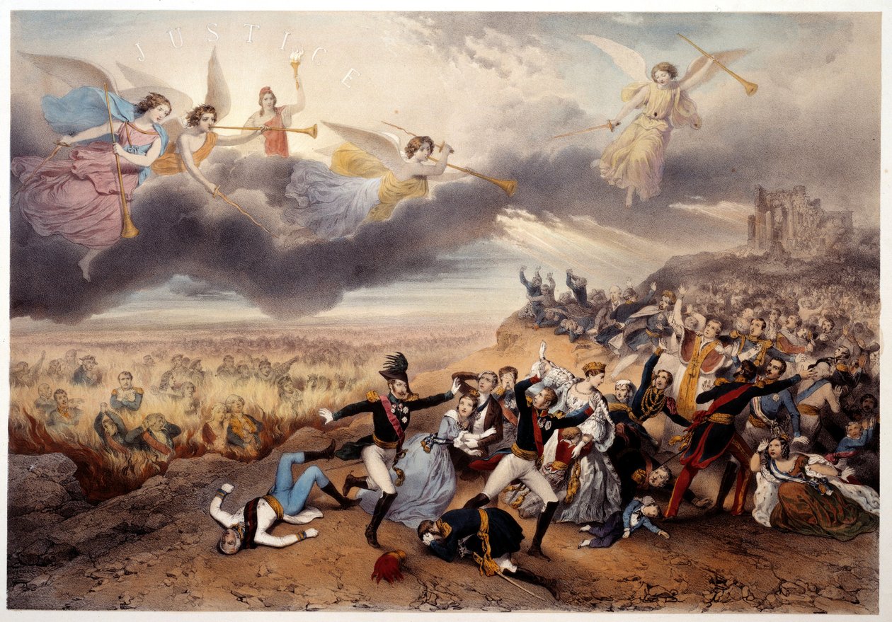 O Juízo de Deus Os Anjos do Apocalipse tocam as trombetas e anunciam o Juízo Final perante os monarcas e outros protagonistas da história francesa, Napoleão I e representantes do Antigo Regime ardem nas chamas do Inferno. Ilustração feita de French School