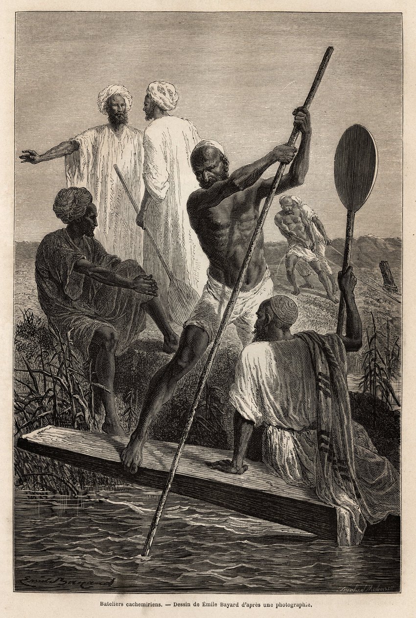 Os barqueiros de Caxemira, nos arredores de Srinagar (Shrinagar), em trabalho completo - Gravura para ilustrar a história de Pandjab e Caxemira, de Guillaume Lejean em 1866, publicado em "Le tour du monde" 1870-1871, editado por Edouard Charton, edição Hac de French School