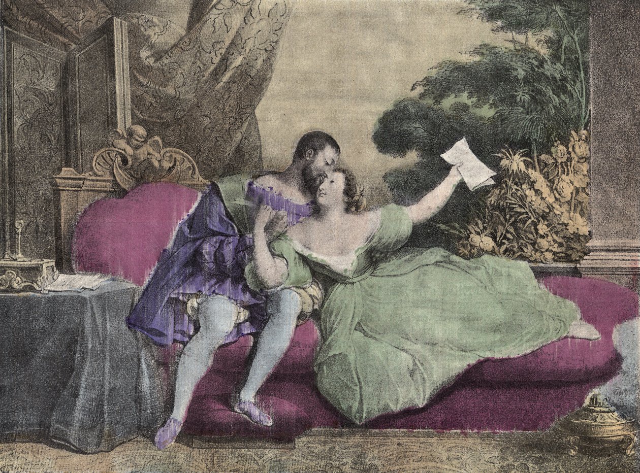 O Rei de França François I (1494-1547) com Diane de Poitiers (1499-1566) Senhora de Breze, Duquesa de Valentinois. Litografia de Daveria de 1832 em "Laughs Et Galanterie". Coleção Semanal de Galantes Imagens sobre a direção de John Grand-Carteret. de French School