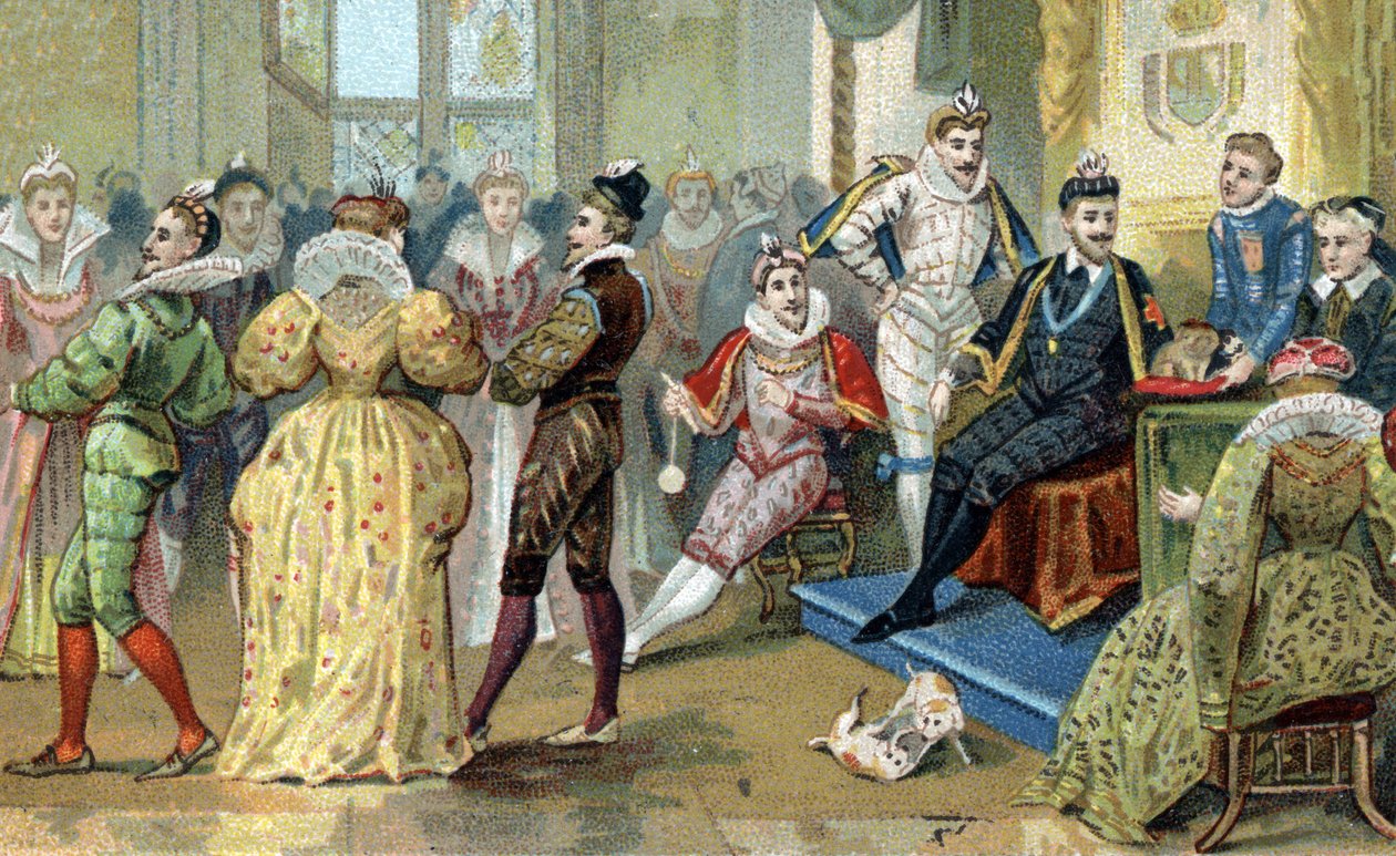 O Rei de França Henrique III (1551-1589) rodeia as suas cuecas. Cromolitografia do final do século XIX de French School