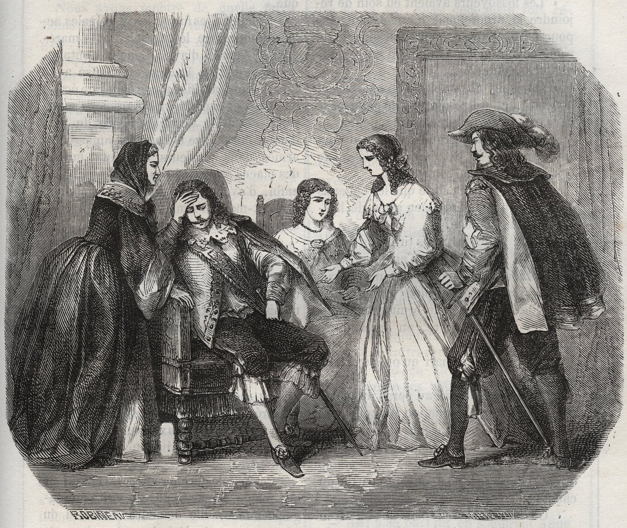 O Rei da França Luís XIII (1601-1643) é apanhado com enxaqueca quando fala com a Rainha Ana da Áustria (1601-1666). Gravura de 1871 em "Histoire Des Cocus Celebres" de Henry de Kock (1819-1892). de French School