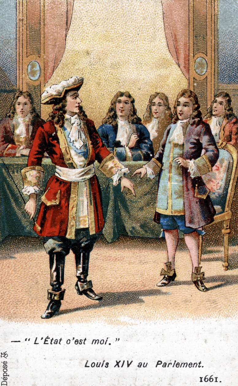 O Rei da França Luís XIV declarou ao Parlamento em 1661: "O Estado sou eu!" A cromolitografia do século XIX. de French School