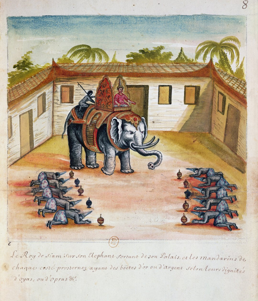 O rei do Sião em seu elefante, de um relato dos jesuítas em Sião, 1688 (wc no papel) de French School