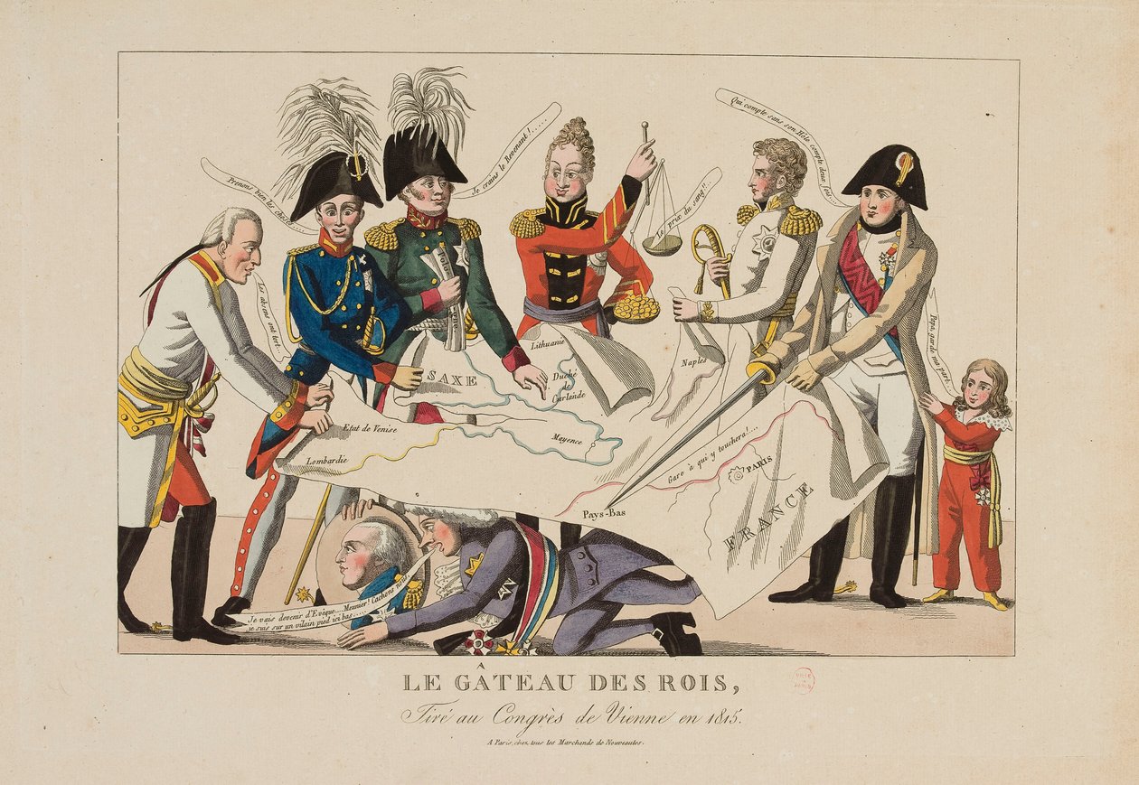 Corte do bolo-rei no Congresso de Viena (novembro de 1814-junho de 1815), c.1815 (gravura a cores) de French School