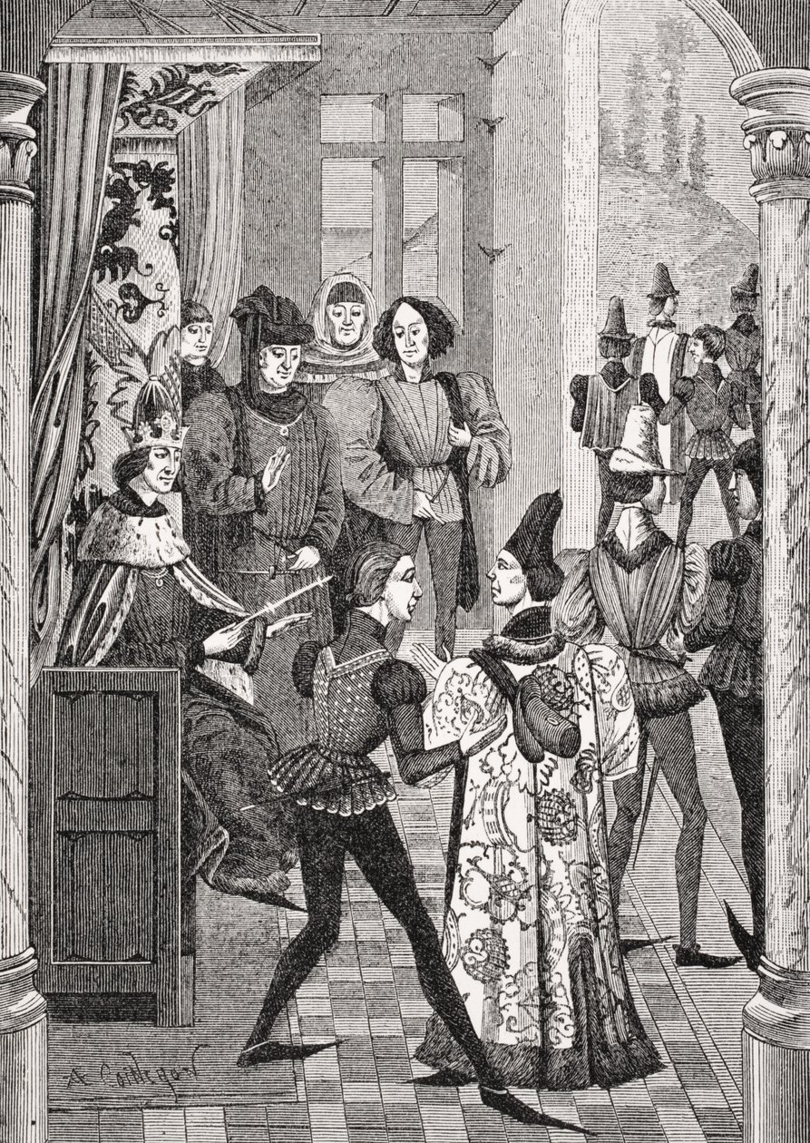 Corte do Rei ou Grande Conselho, depois de uma miniatura nas "Crônicas de Froissart", de "Le Moyen Age et la Renaissance", de Paul Lacroix (1806-84), publicado em 1847 de French School