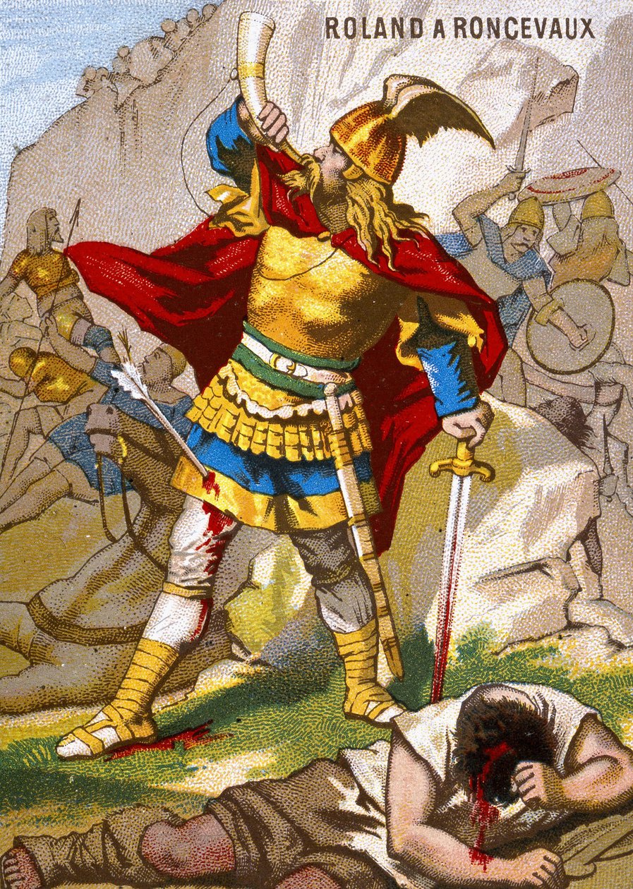 O Cavaleiro Roland tem Roncesvalaux soando a azeitona. Roland, dirigindo a guarda traseira do exército de Carlos Magno, foi surpreendido pelos Vascons em 15 de agosto de 778. Ele então tocou sua buzina, tarde demais para que o rei o ajudasse. Cromolitograf de French School