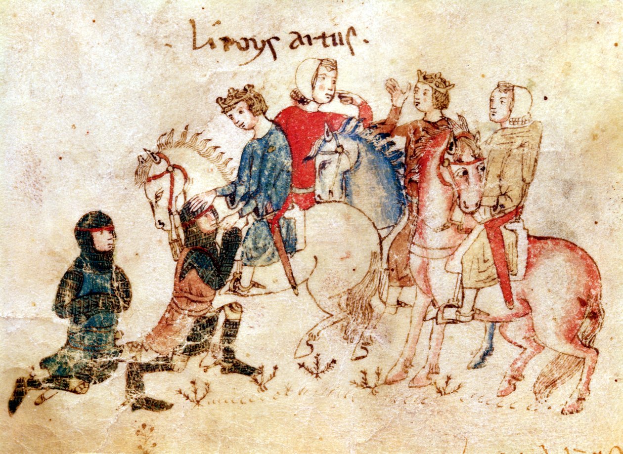 Os Cavaleiros Esclabor e Arphasar Oferecem seus Serviços ao Rei Artur, do Romano de Meliádus de French School