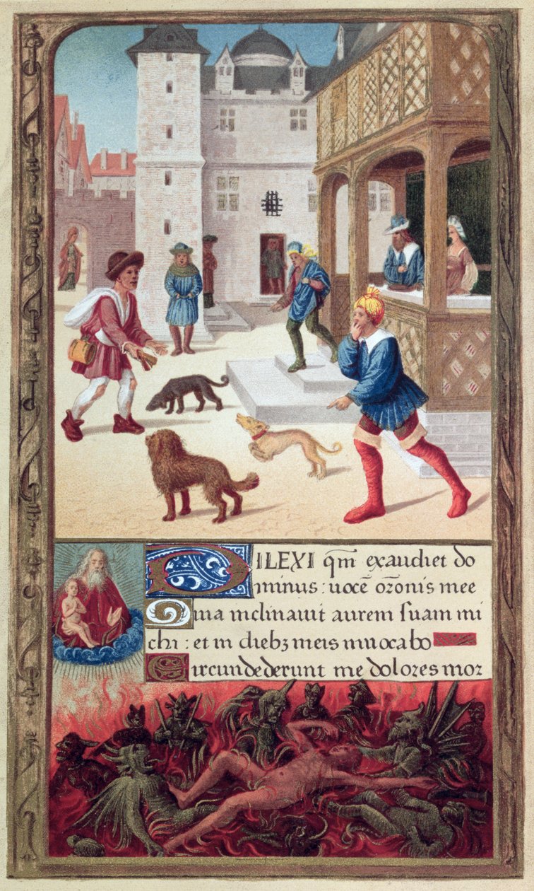 O leproso, depois de um manuscrito do século XVI (gravura a cores) de French School