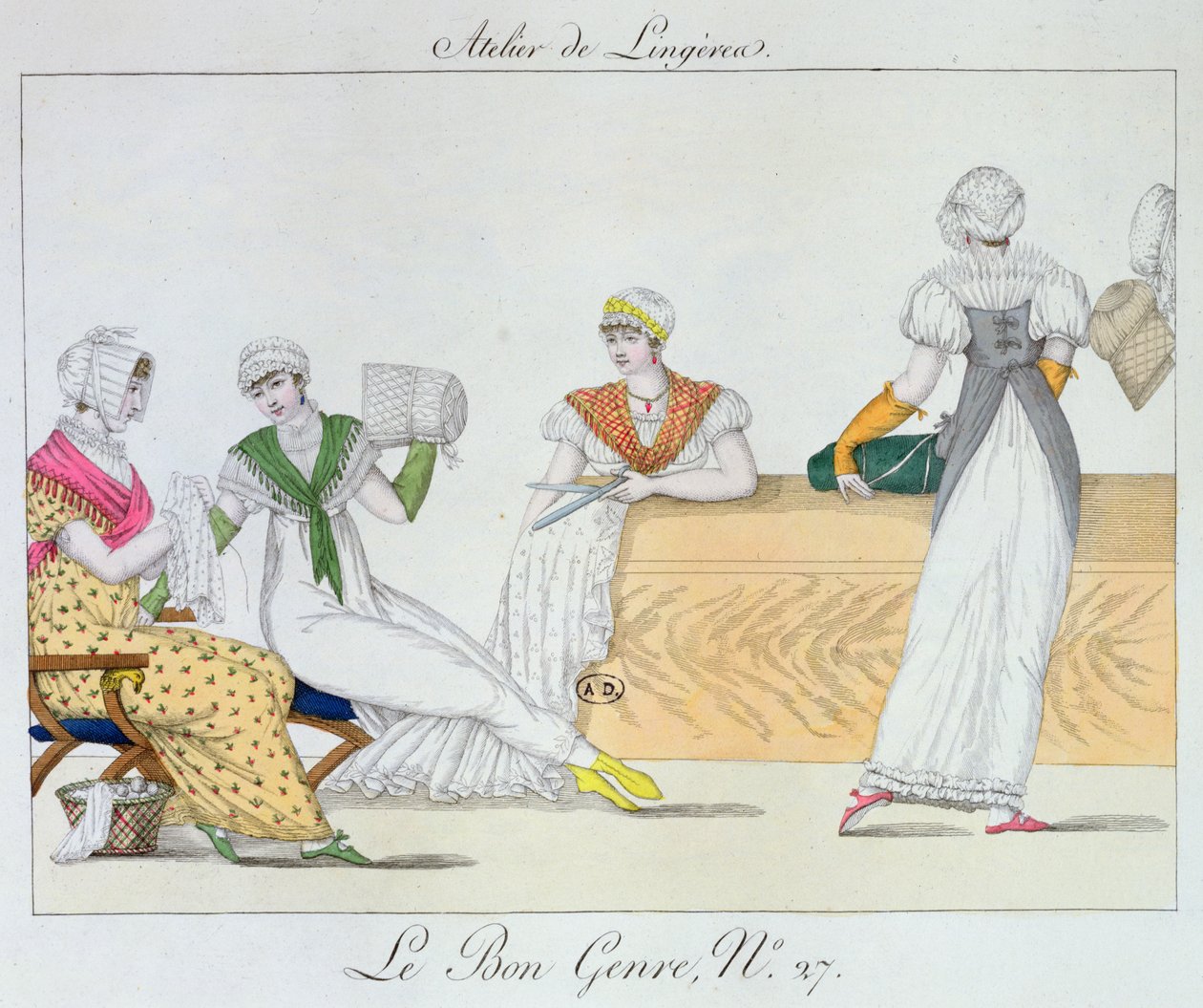 A oficina de lingerie, prato 27 de Le Bon Genre, 1827 de French School