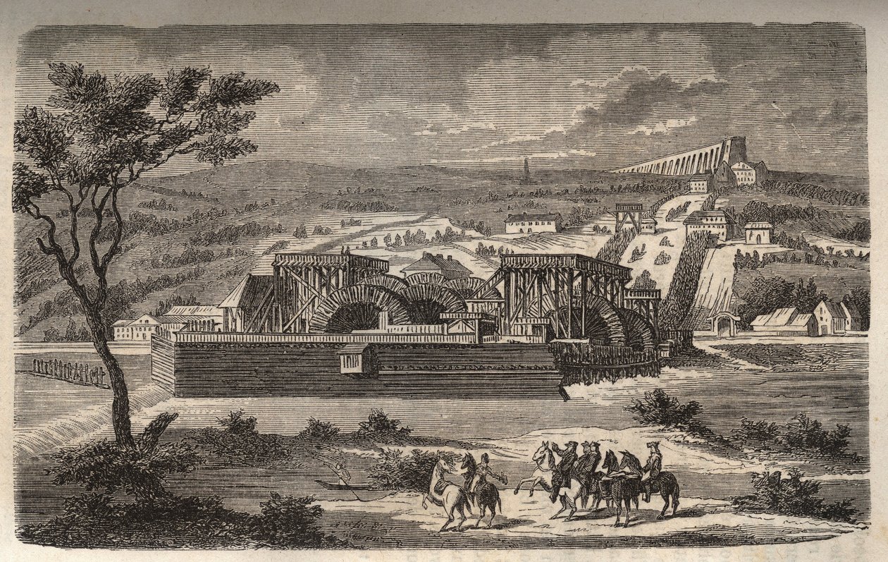 A Máquina de Marly - Vista da máquina do aqueduto de Marly instalada em Bougival - O aqueduto de Louveciennes (ou Marly) para para Versalhes e o castelo de Marly em água - gravura em “Histoire de France” de Victor Duruy (1811- 1894) - 1882 de French School