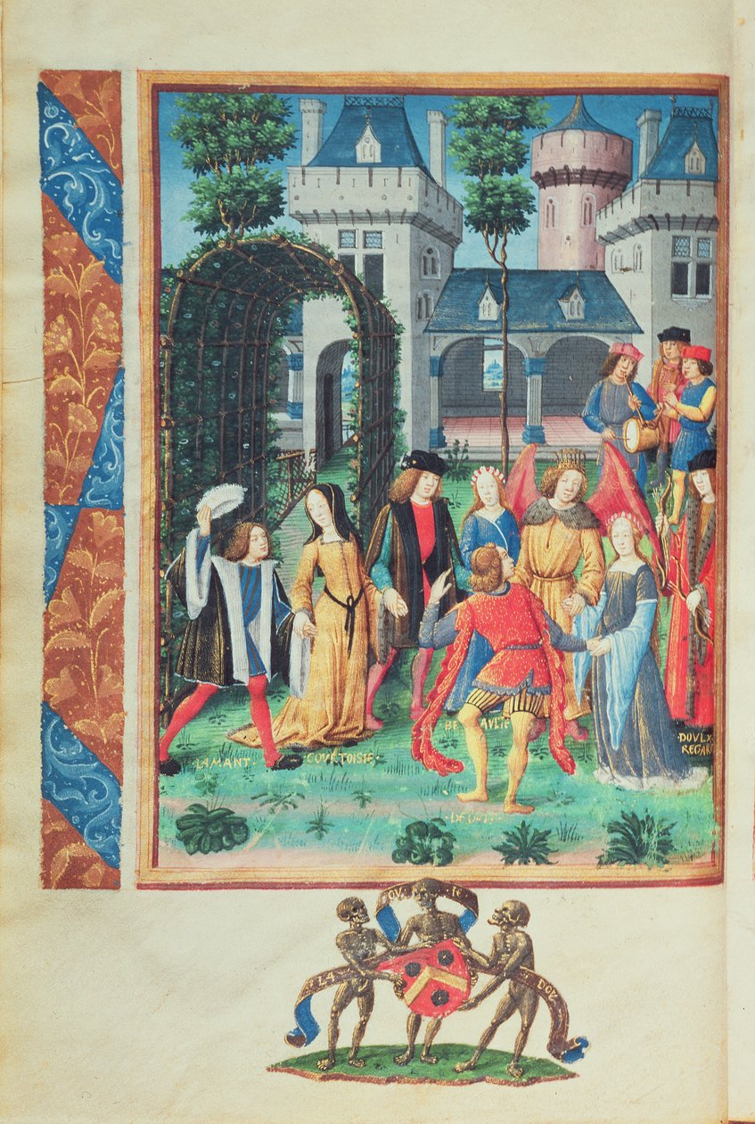 O Jardim Mágico, com figuras alegóricas de Cortesia, Amor, Beleza e Liberalidade, do Roman de la Rose (guache em pergaminho) de French School