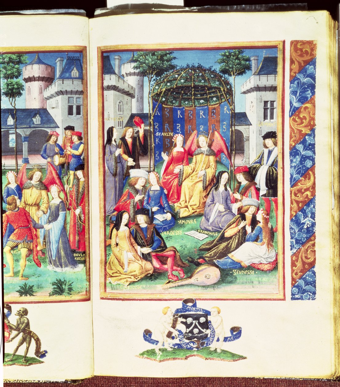 O Jardim Mágico, com figuras alegóricas de Riqueza, Cortesia, Liberalidade, Beleza, Amor, Candor e Juventude, do Roman de la Rose (guache em pergaminho) de French School