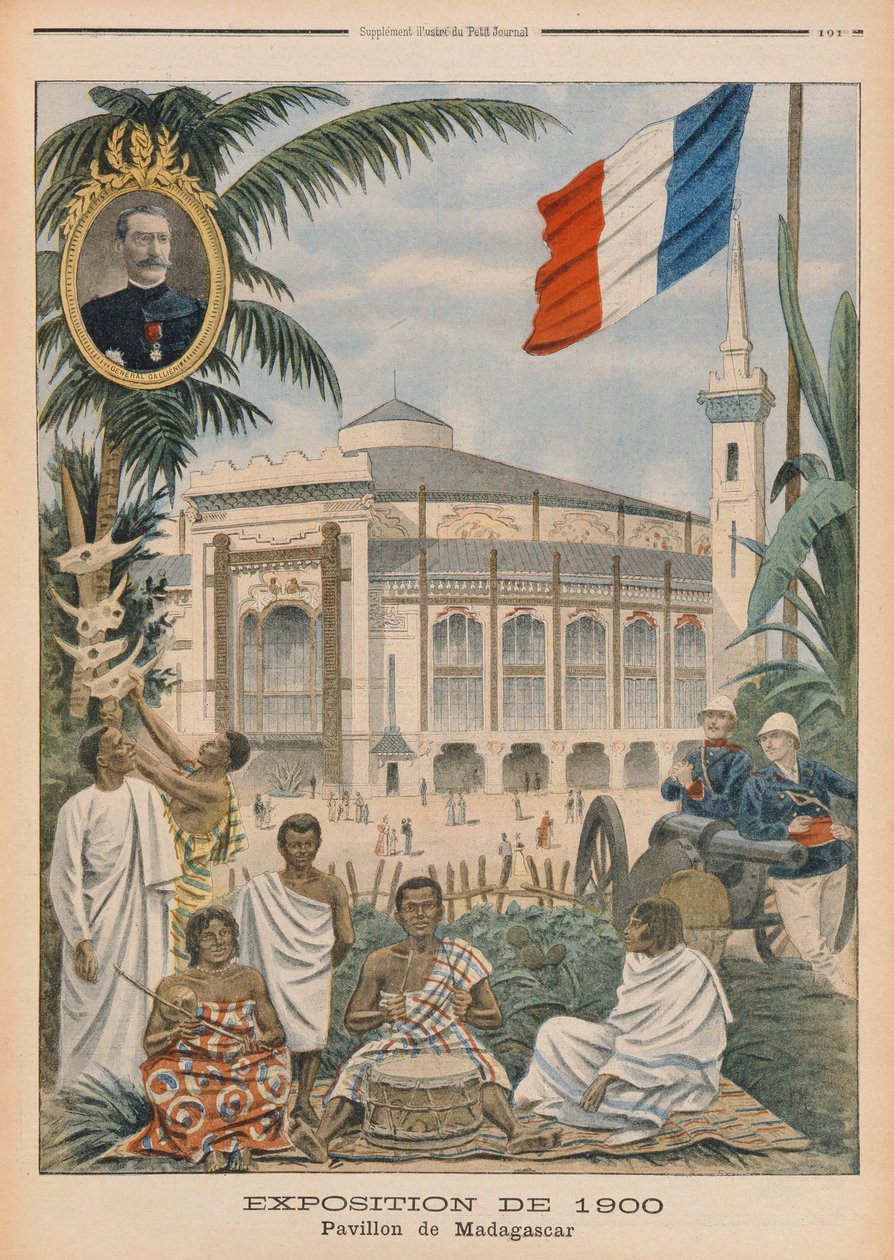 O pavilhão malgaxe na exposição universal de 1900, Paris, ilustração de &39;Le Petit Journal&39;, 1 de abril de 1900 (cor litho) de French School