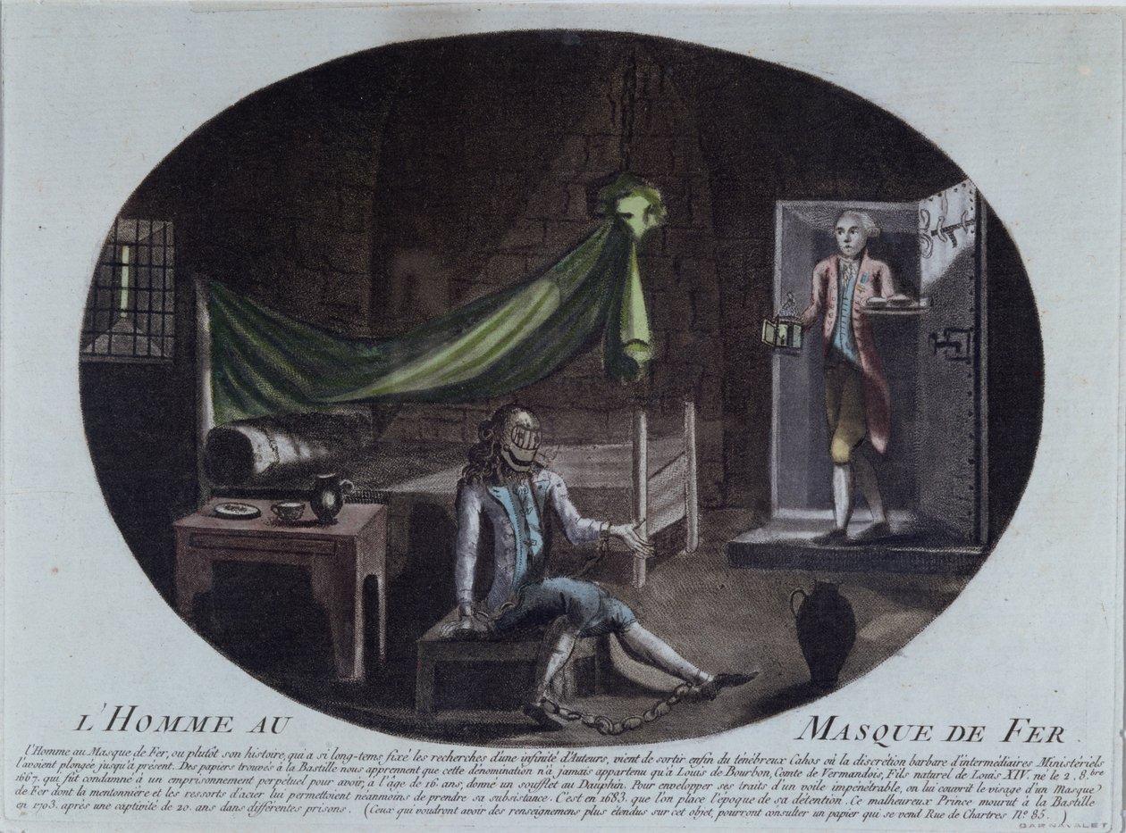 O Homem da Máscara de Ferro (d.1703) aprisionado na Bastilha, impresso de 1789-90, que o identifica como Luís de Bourbon, conde de Vermandois, filho de Luís XIV (1638-1715) e Louise de la Valliere (16 de French School