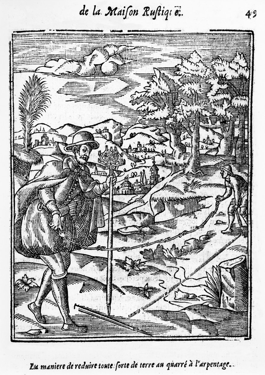 A maneira em que reduzir qualquer tipo de terreno para a Praça de topografia, ilustração de LAgriculture et Maison Rustique por Charles Estienne, edição publicada em 1641 de French School