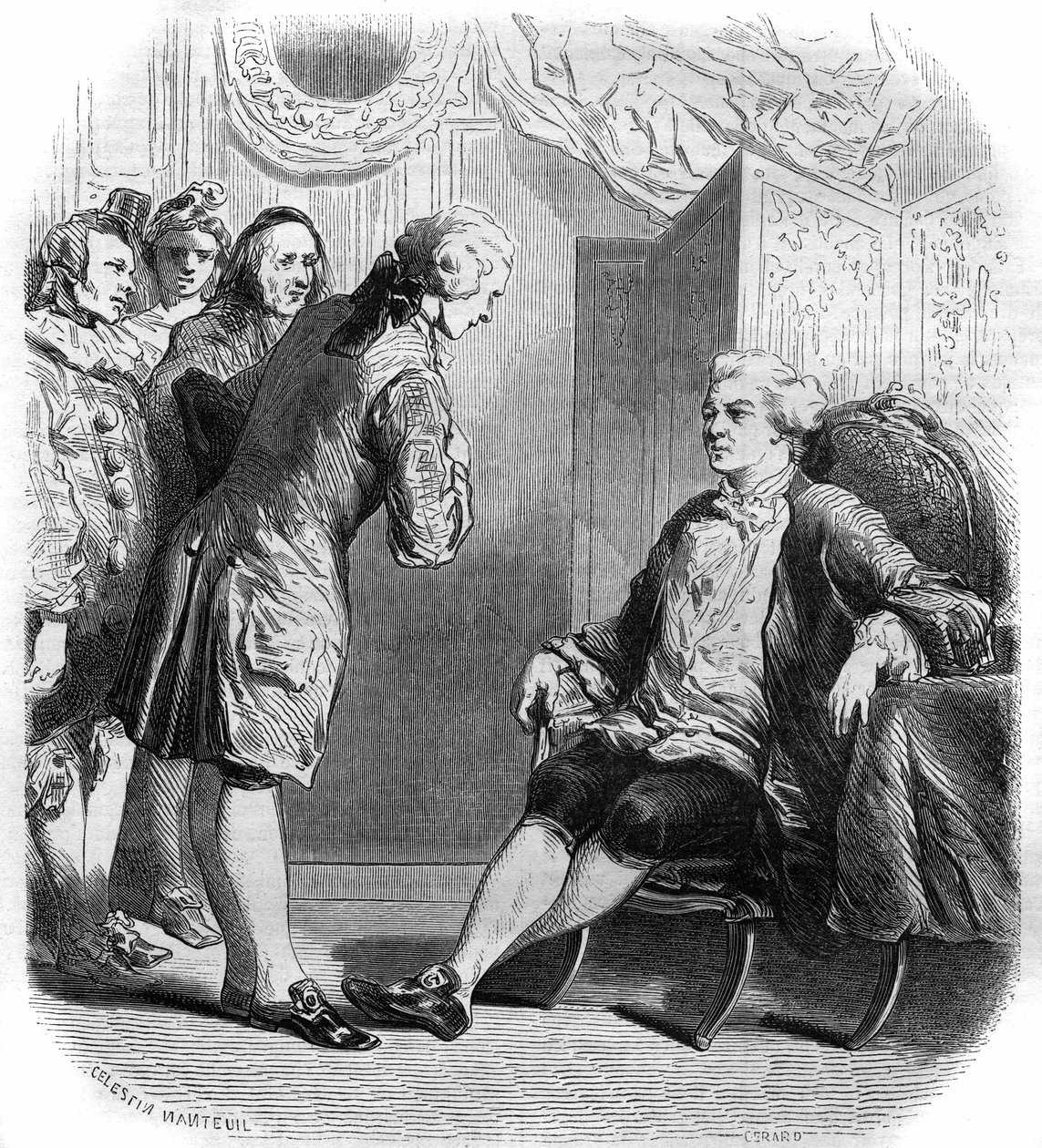 O Marquês de Puysieulx recebendo Philippe Nericault Destouches (1680-1754) e sua trupe de comediantes viajantes. Gravura de 1858-1859. de French School
