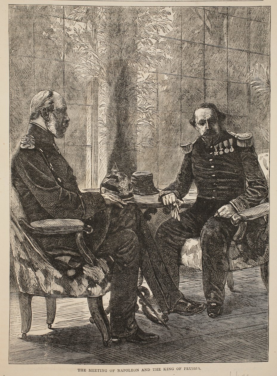 O Encontro de Napoleão e o Rei da Prússia, setembro de 1870, ilustração da História de Cassells da Guerra entre a França e a Alemanha, 1870-1871 de French School