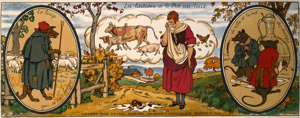 A leiteira e a lata de leite, das "Fábulas" de Jean de La Fontaine (1621-95), cartão comercial dos chocolates suíços "Peter, Cailler, Kohler" (litografia a cores) de French School