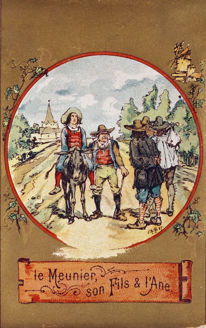 O Moleiro, seu Filho e o Burro, c.1880 (gravura colorida) de French School