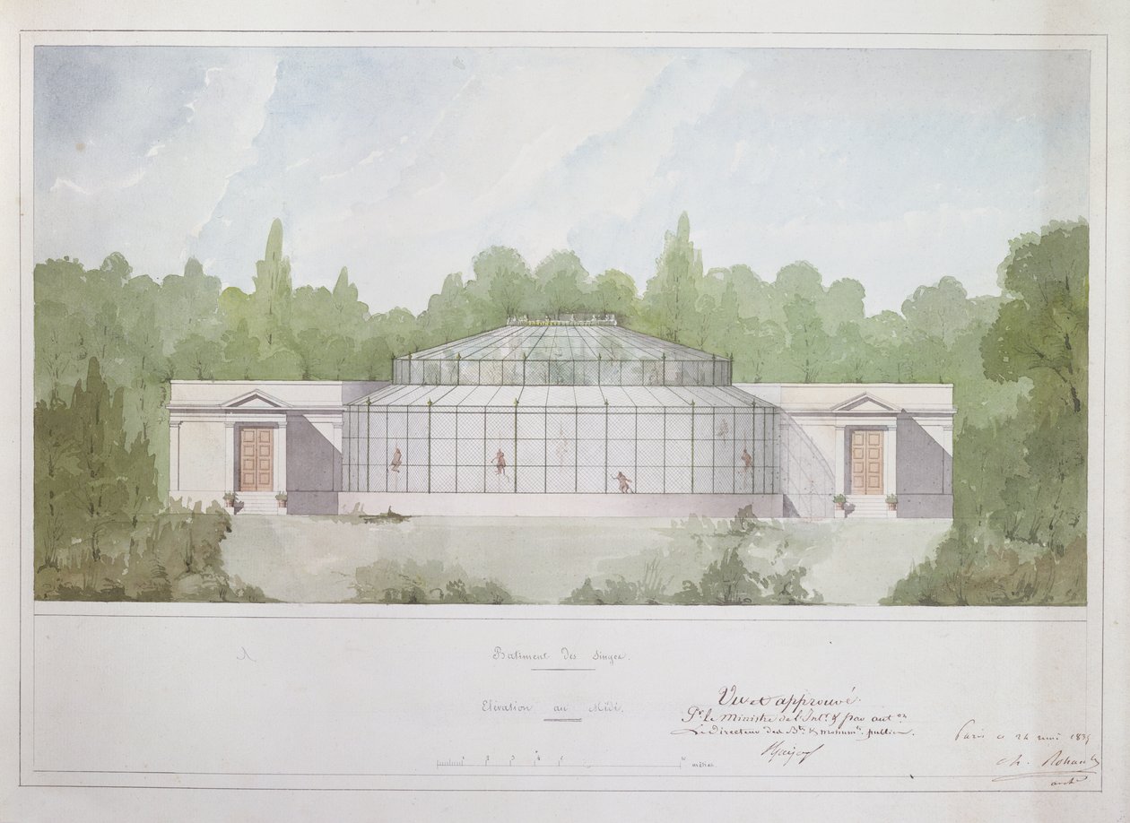 A Casa dos Macacos no Jardin des Plantes em Paris, 1835 (ink & wc on paper) de French School