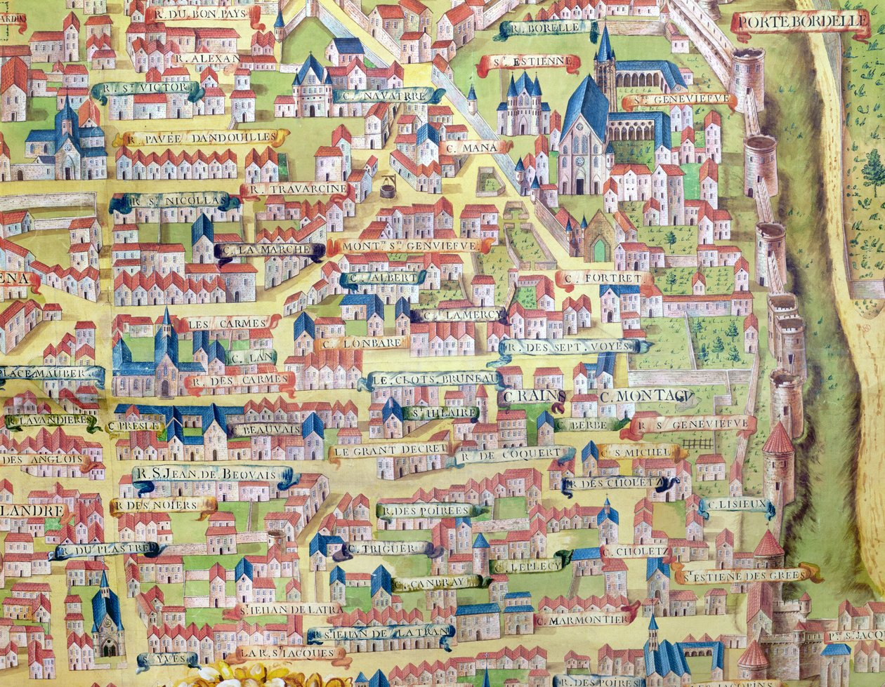 O Montagne Sainte-Genevieve, detalhe do plano de Paris fez c.1540, chamado Plan de la Gouache, c.1860 de French School