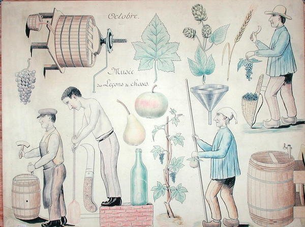 O Mês de Outubro: Produção de vinho (caneta e tinta e lápis de cor sobre papel) de French School