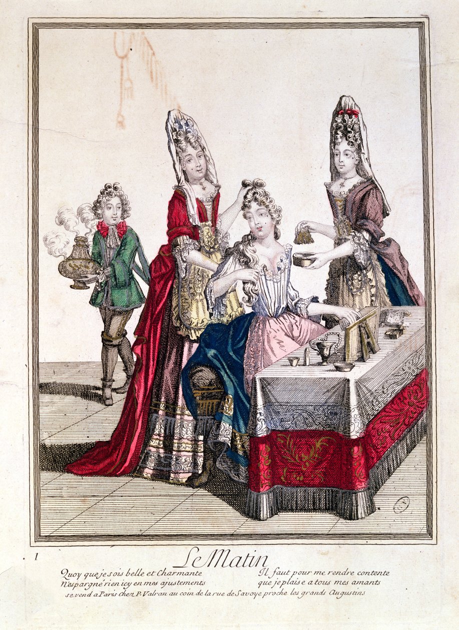 A manhã, Lady em seu banheiro, segunda metade do século XVII (gravura a cores) de French School