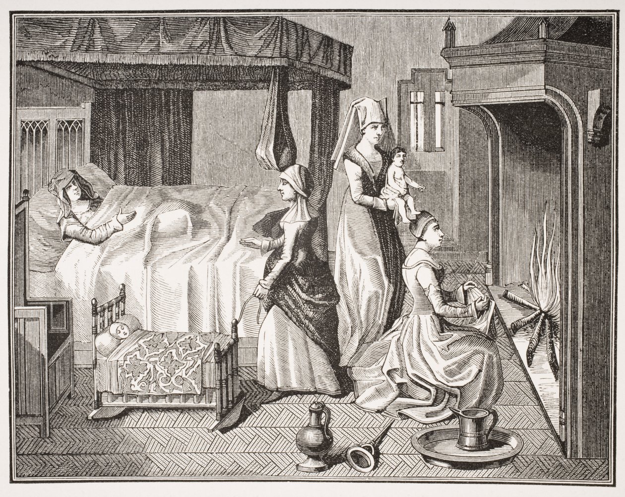 O recém-nascido, depois de uma miniatura do século 15 em "História da Belle Helaine", de "A Idade Média e o Renascimento", de Paul Lacroix (1806-84), publicou 1847 de French School