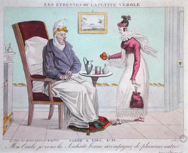 O Presente de Ano Novo ou Varíola, gravado por Gautier (gravura colorida) de French School