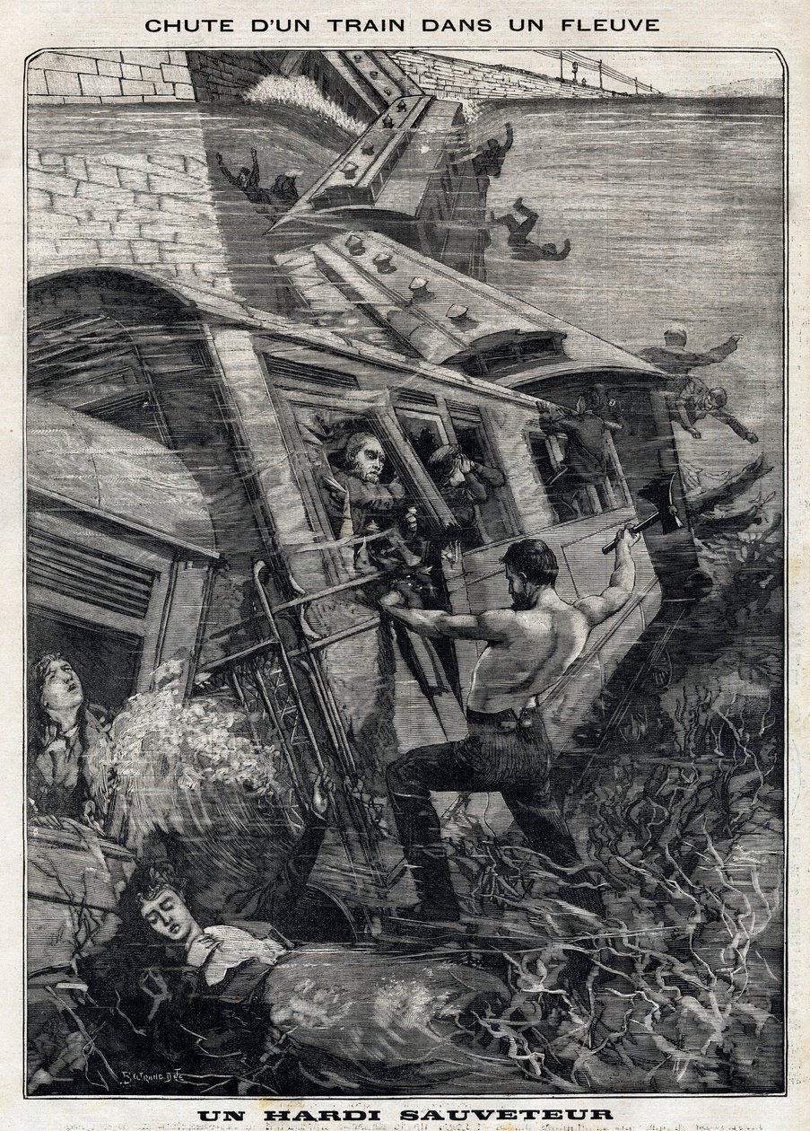 O trem Buffalo de Nova York cai em um rio nos Estados Unidos: um homem tenta salvar passageiros em risco de afogamento. No "Le Peute Parisien" em 7/11/1897. Coleção Privada de French School