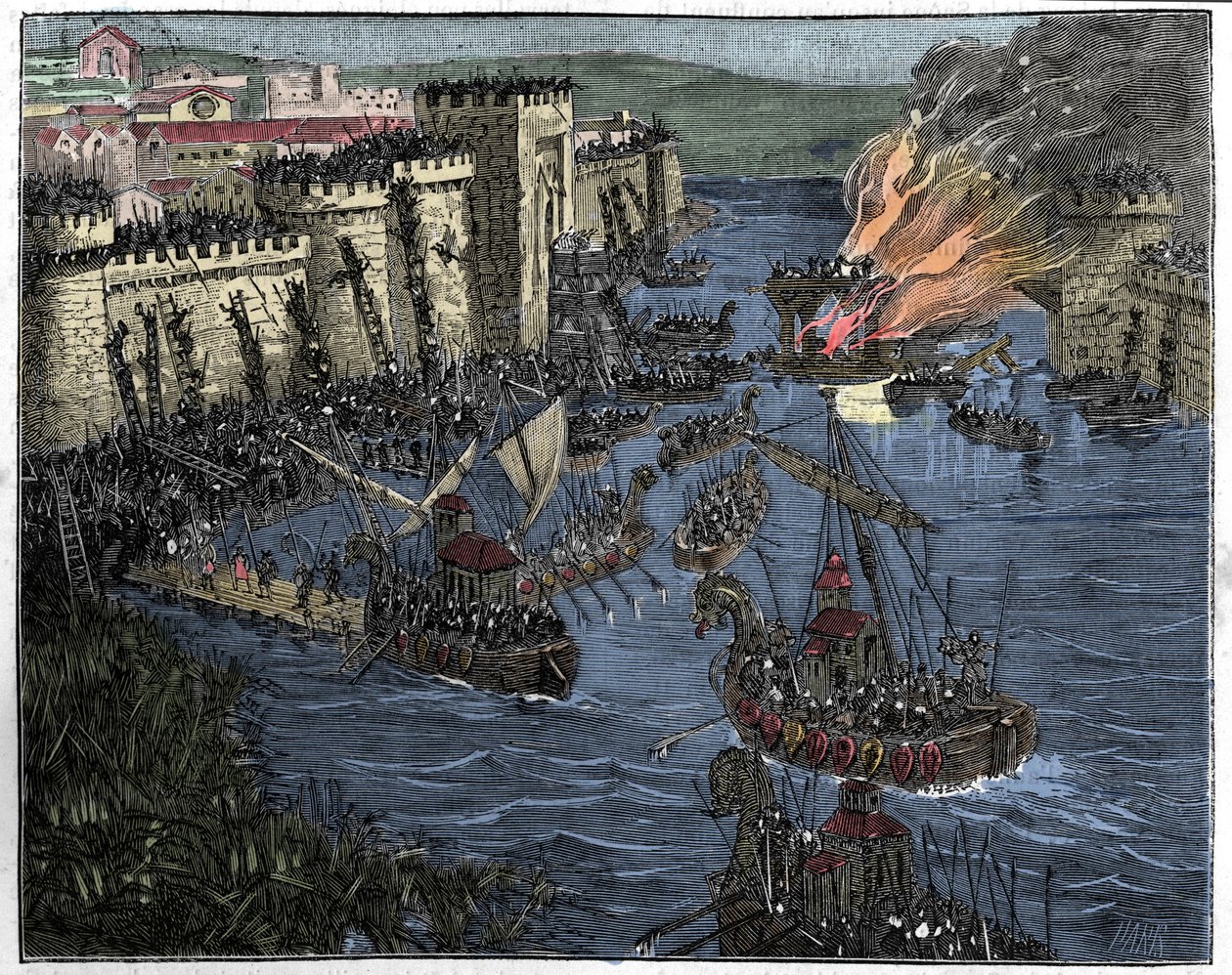 Os normandos, liderados por Rollo, sitiaram Paris em 885, ilustração da França e os franceses através do século, 1884 de French School