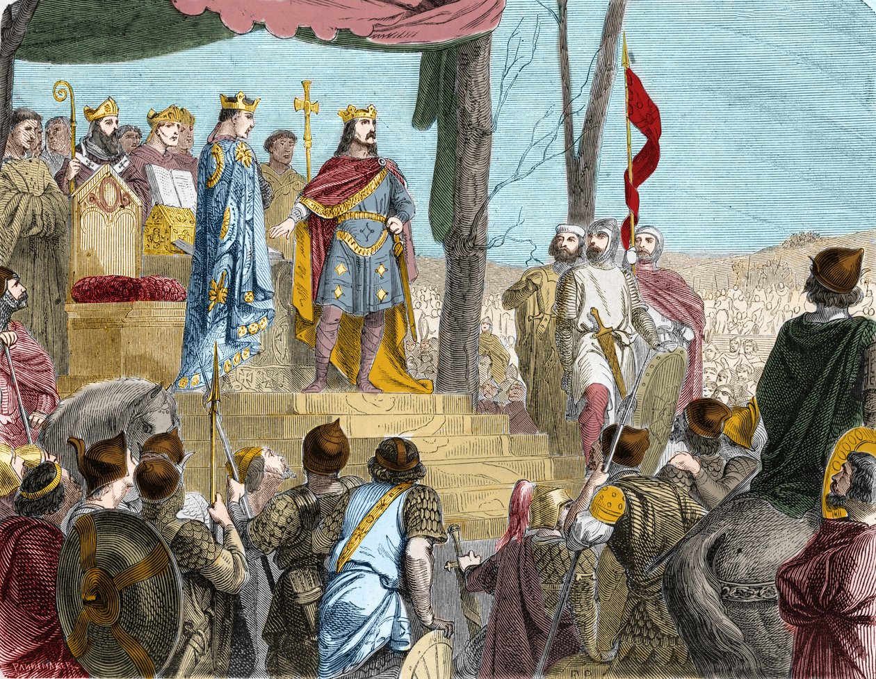 Os Juramentos de Estrasburgo entre Luís o Alemão (876), governante da França Oriental, e seu meio-irmão Carlos o Careca (? 877), governante da Francia Ocidental - Le oath de Strasbourg: traite de Verdun, 843. Os filhos de Luís o Piedoso dividiram o territó de French School