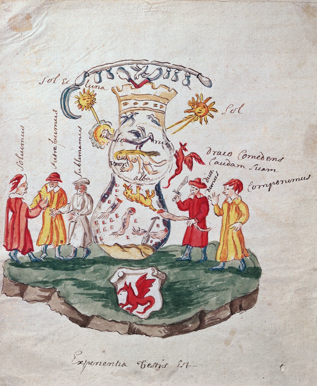 As Operações da Alquimia, ilustração de A Chave para a Grande Ciência na Obra Filosófica Desconhecida (ink & wc on paper) de French School