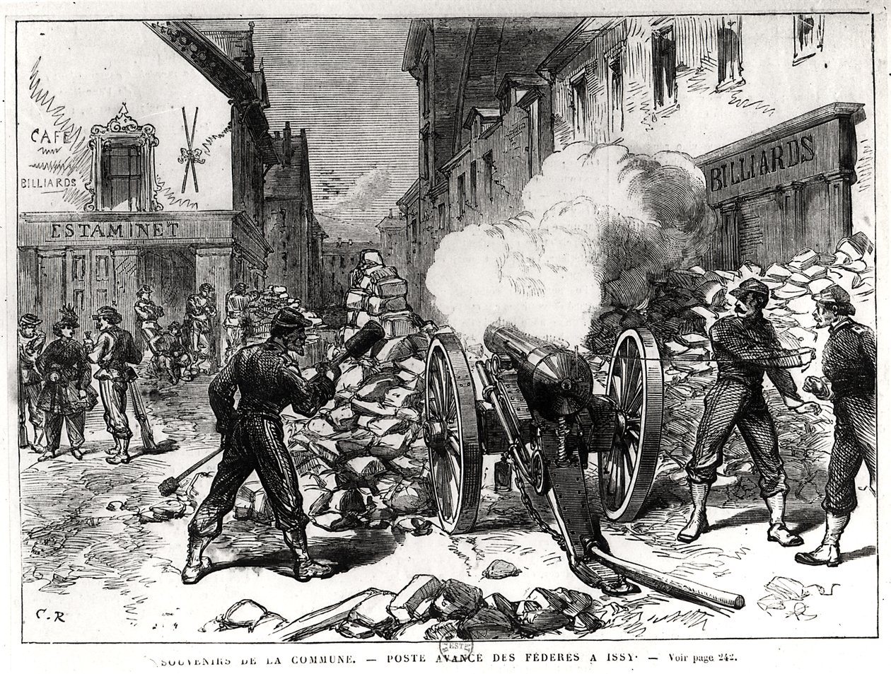 A Comuna de Paris: uma barricada em Issy, 2 de maio de 1871 (gravura) (foto bw) de French School