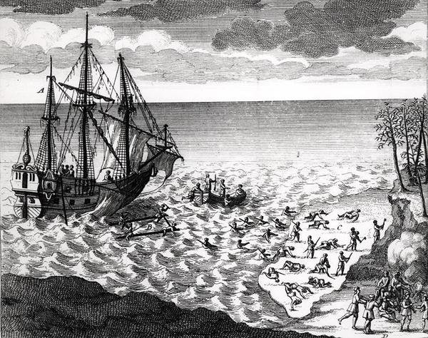 O pelicano que afunda perto da costa, de Histoire de lmerica septentrionale por Bacqueville de La Potherie (1663-1736) publicado em 1753 de French School