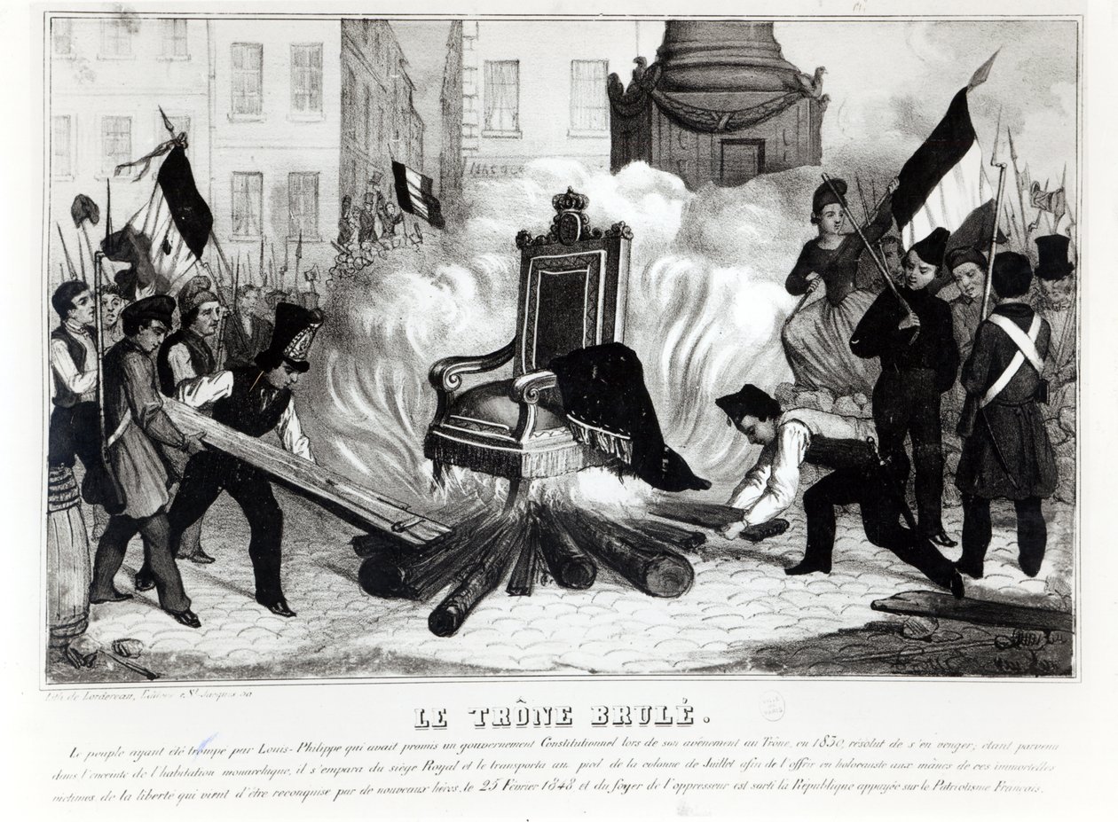 As pessoas queimando o trono na Place de la Bastille, 1848 de French School