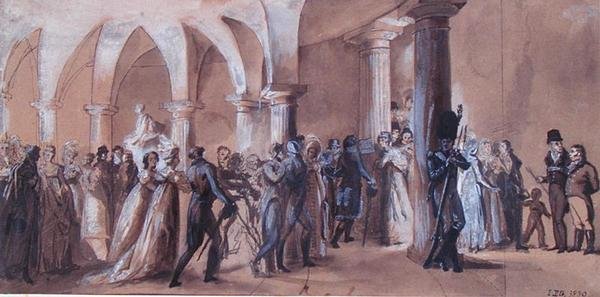 The Peristyle at the Theatre Francais, c.1822 (cor litho) de French School