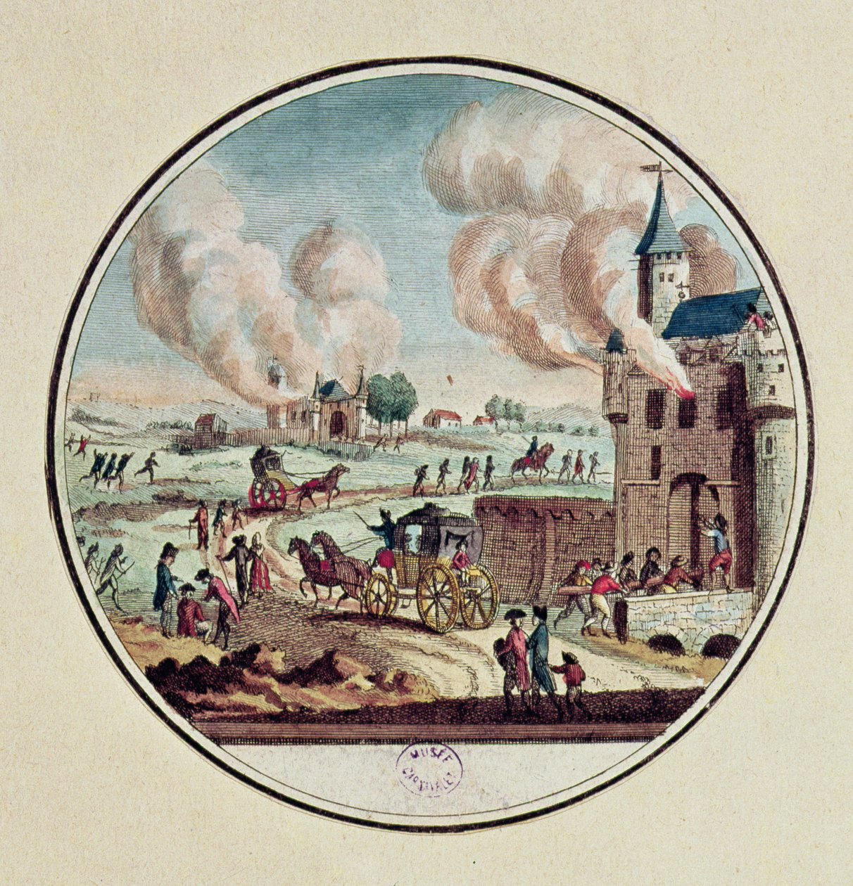 A pilhagem e destruição dos castelos e a emigração de príncipes e cortesãos em julho de 1789 (gravura colorida) de French School