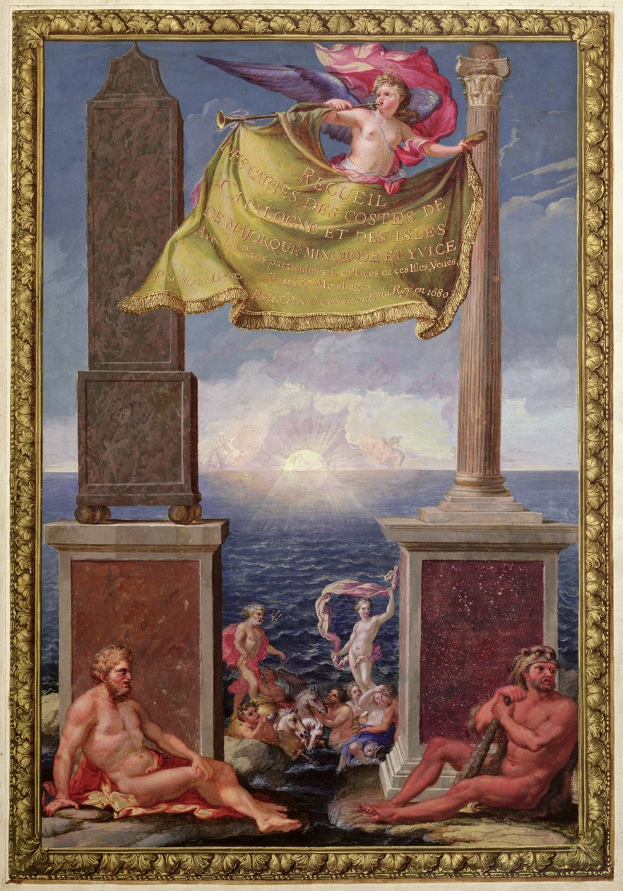 As colunas de Hércules, frontispício de uma coleção de mapas da Catalunha e as Ilhas Baleares por Pene, 1680 (gravura a cores) de French School