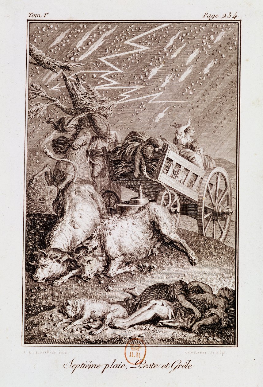 As pragas do Egito: As pragas do gado doente, furúnculos e granizo, da "Bíblia" por Isaac Lemaistre de Sacy (1613-84) de French School