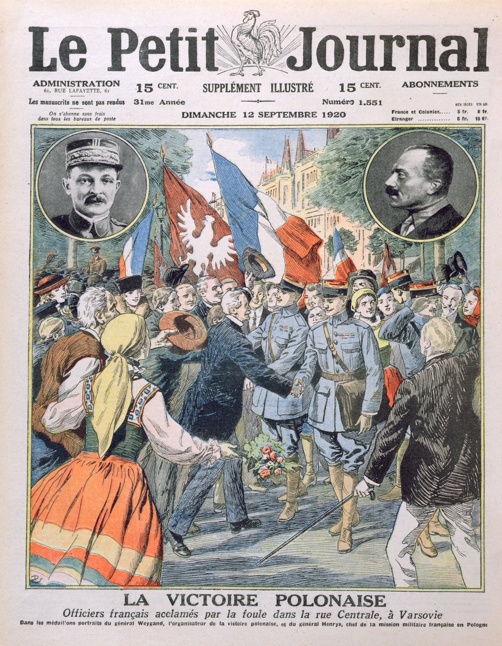 A vitória polonesa, oficiais franceses sendo aclamados pela multidão na rua central em Varsóvia, cobrem a ilustração do Le Petit Journal, em 12 de setembro de 1920. de French School
