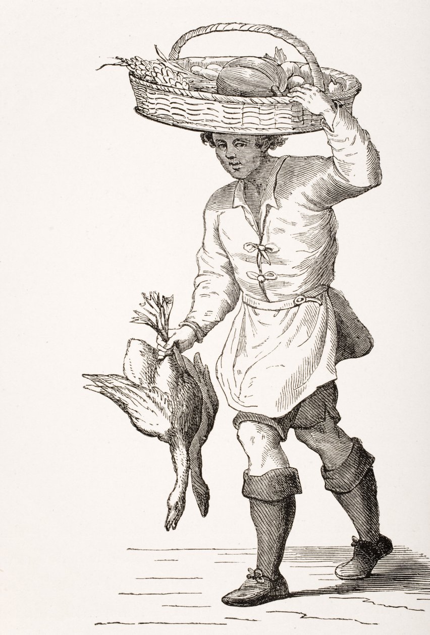 The Poultry Dealer, após uma xilogravura do século XVI de Cesare Vecellio (1521-1601), de "Le Moyen Age et La Renaissance", de Paul Lacroix (1806-84), publicou 1847 de French School