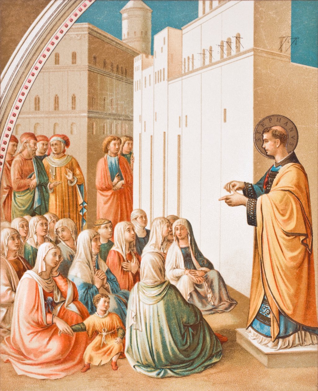 A Pregação de Santo Estêvão, após a pintura a fresco de Fra Angelico, de Ciência e Literatura na Idade Média, de Paul Lacroix pub. Londres 1878 de French School