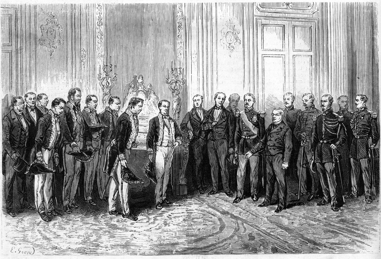 O Presidente da República Francesa Adolphe Thiers (1797-1877) recebeu embaixadores japoneses no Palácio Elysee. Gravura no "Le Monde Illustré" n°821 de 4 de janeiro de French School